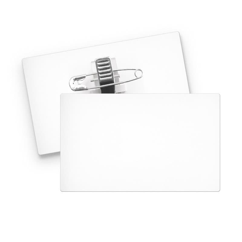 Badge plastique (PS) rectangle 70x43 mm avec pince epingle, coloris Blanc