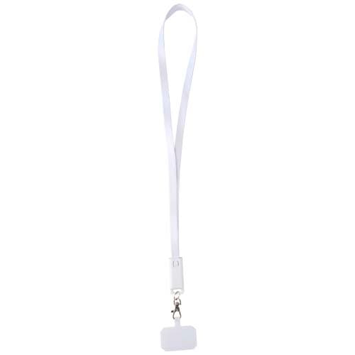 Tour de cou pour smartphone Franz en plastique recyclé avec synchronisation des données intégrée et câble 5 en 1 pour charge : Blanc