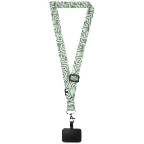Tour de cou réglable en RPET avec impression par sublimation et son support de téléphone Lyra, coloris Noir / Blanc