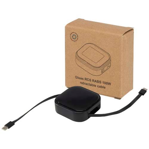 Câble rétractable 5 en 1 Gloas en matériaux recyclés pour synchronisation de données et charge rapide de 100 W avec kit d’out : Noir