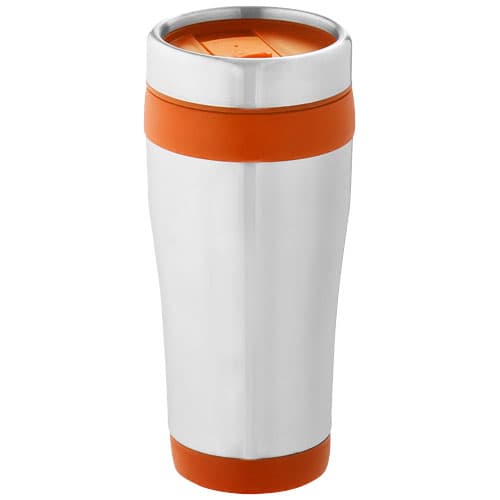 Mug isotherme Elwood 410 ml personnalisé, coloris Argent / Orange