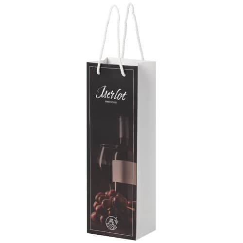 Sac de bouteille de vin en papier 170 g/m2 integra fait à la main avec poignées torsadées en plastique, 12 x 9 x 37 cm, coloris Blanc