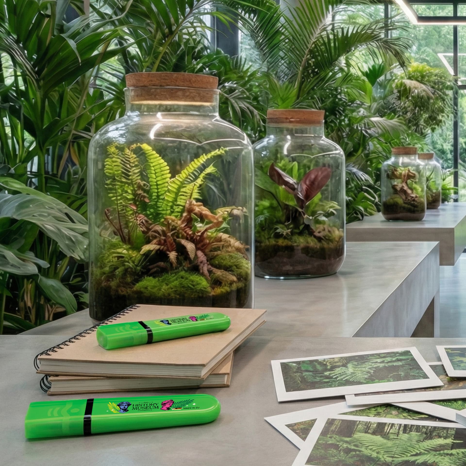Surligneurs verts posés sur un carnet, devant des terrariums
