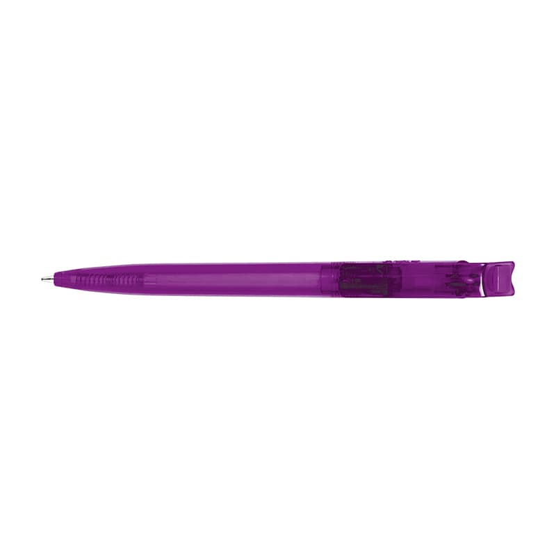 Stylo bille bleue corps et clip plastique en matiere recyclee RPET, coloris Violet translucide
