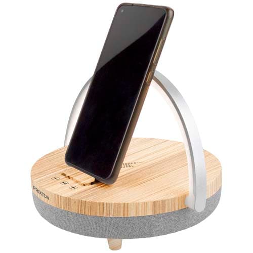 Enceinte Bluetooth® 4-en-1 Prixton de 10 W avec lumière LED et station de charge sans fil, coloris Bois