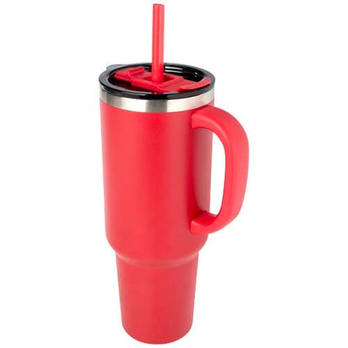 Mug Sydney 1200 ml double paroi certifié RCS avec isolation par le vide et couche de cuivre avec paille, coloris Rouge