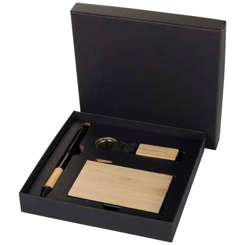 Ensemble cadeau Minka avec stylo bille en aluminium recyclé RCS, porte-clés et porte-cartes RFID, coloris Naturel / Noir
