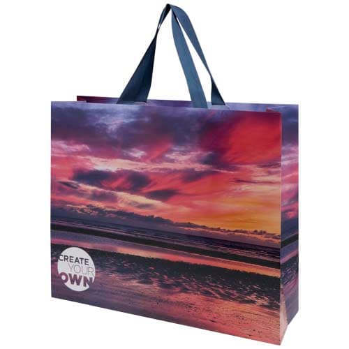 Sac en papier Smartfold 210 g/m² avec anses en ruban et pelliculage brillant - 42 x 12 x 35 cm, coloris Bleu