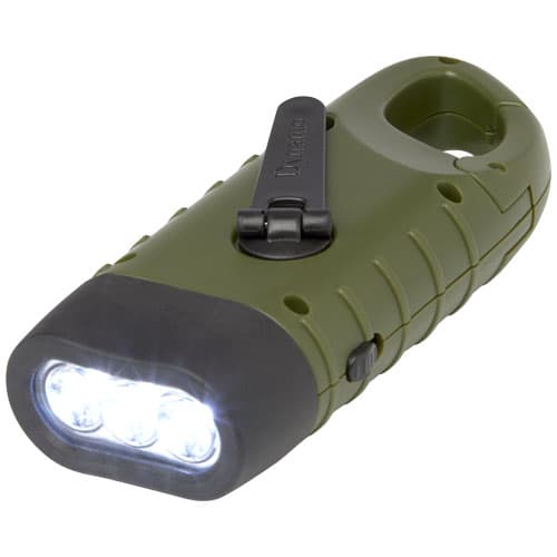 Lampe de poche dynamo solaire Helios en plastique recyclé avec mousqueton : Vert militaire