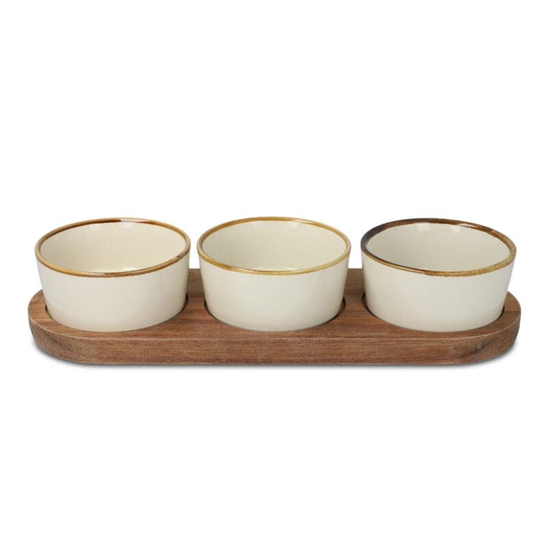 InSideOut Support en bois avec 3 bols ronds en céramique, coloris Ecru