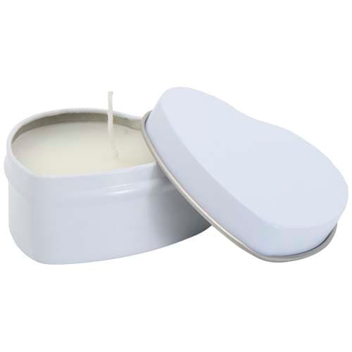 Bougie Blissful en boîte métal en forme de cœur et senteur vanille : Blanc