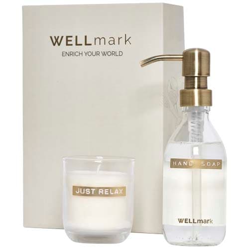 Distributeur de savon pour les mains de 250 ml et ensemble de bougies parfumées de 150 g Wellmark Discovery- parfum linge fra : Blanc