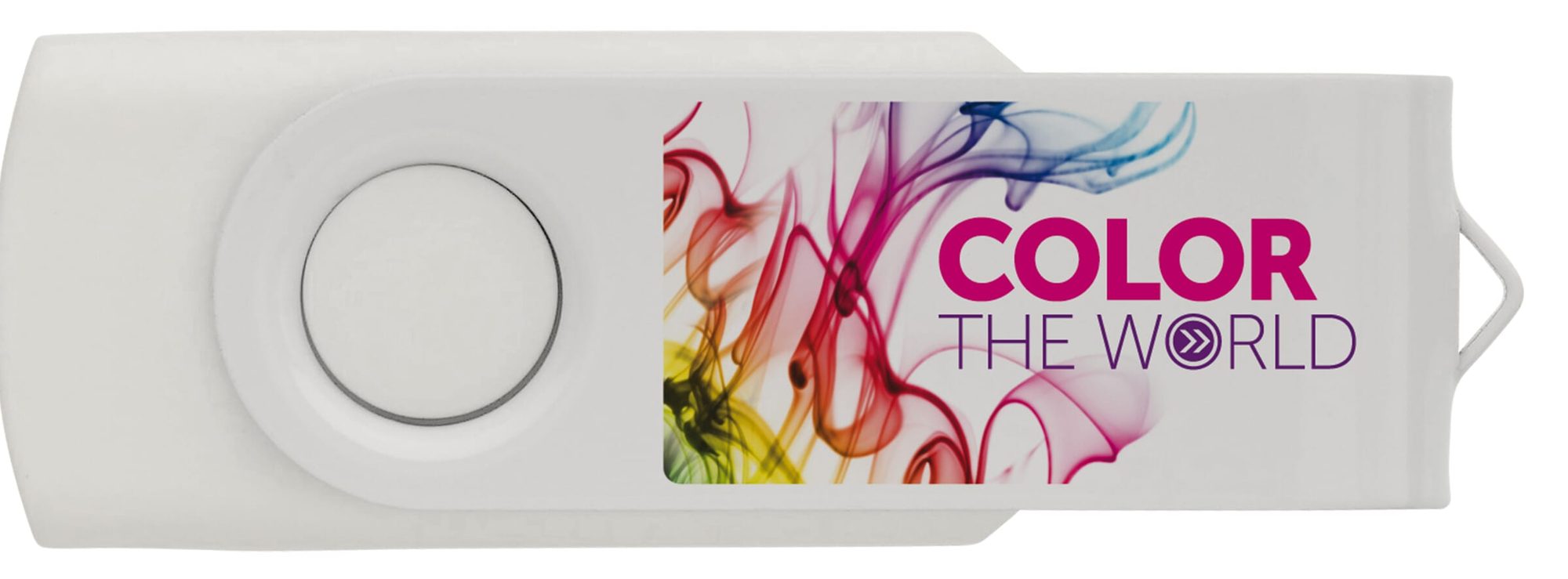 Clé USB dont le corps est imprimé en quadrichromie d'un visuel multicolore.