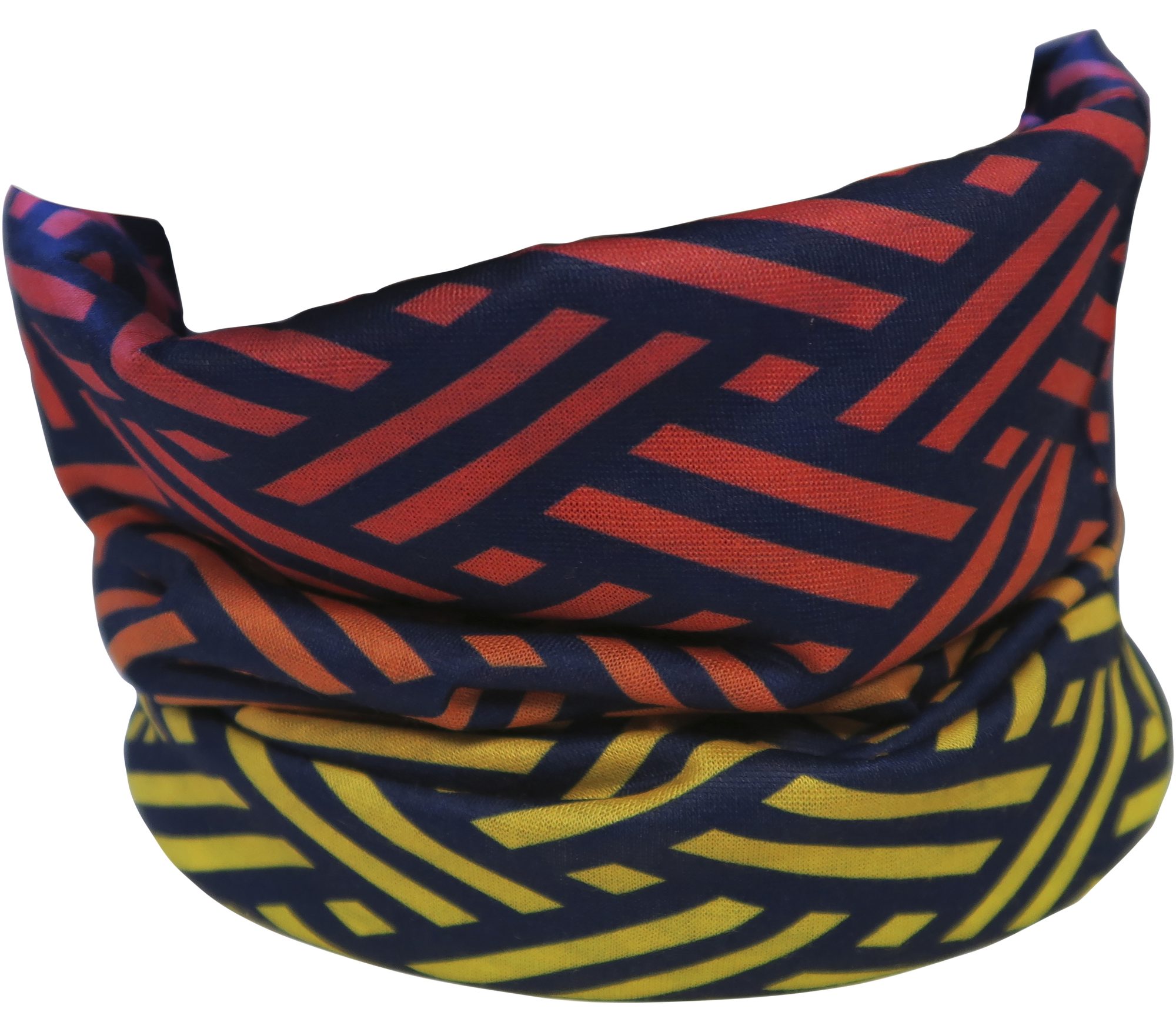 Foulard tubulaire en polyester avec motif géométrique rouge, jaune et bleu marine imprimé sur toute la surface