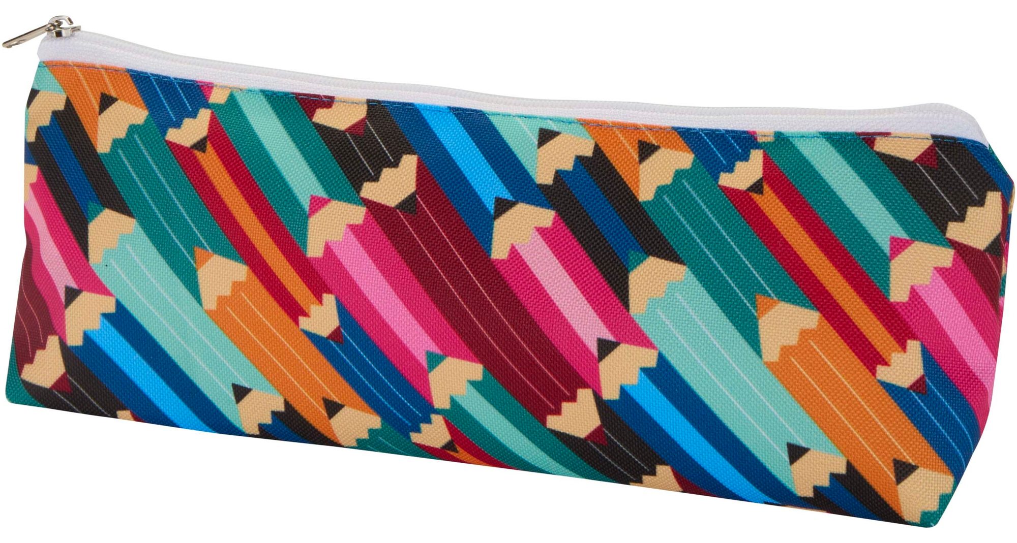 Trousse à crayons en rPET avec motif de crayons colorés imprimé sur toute la surface, fermeture éclair blanche en haut
